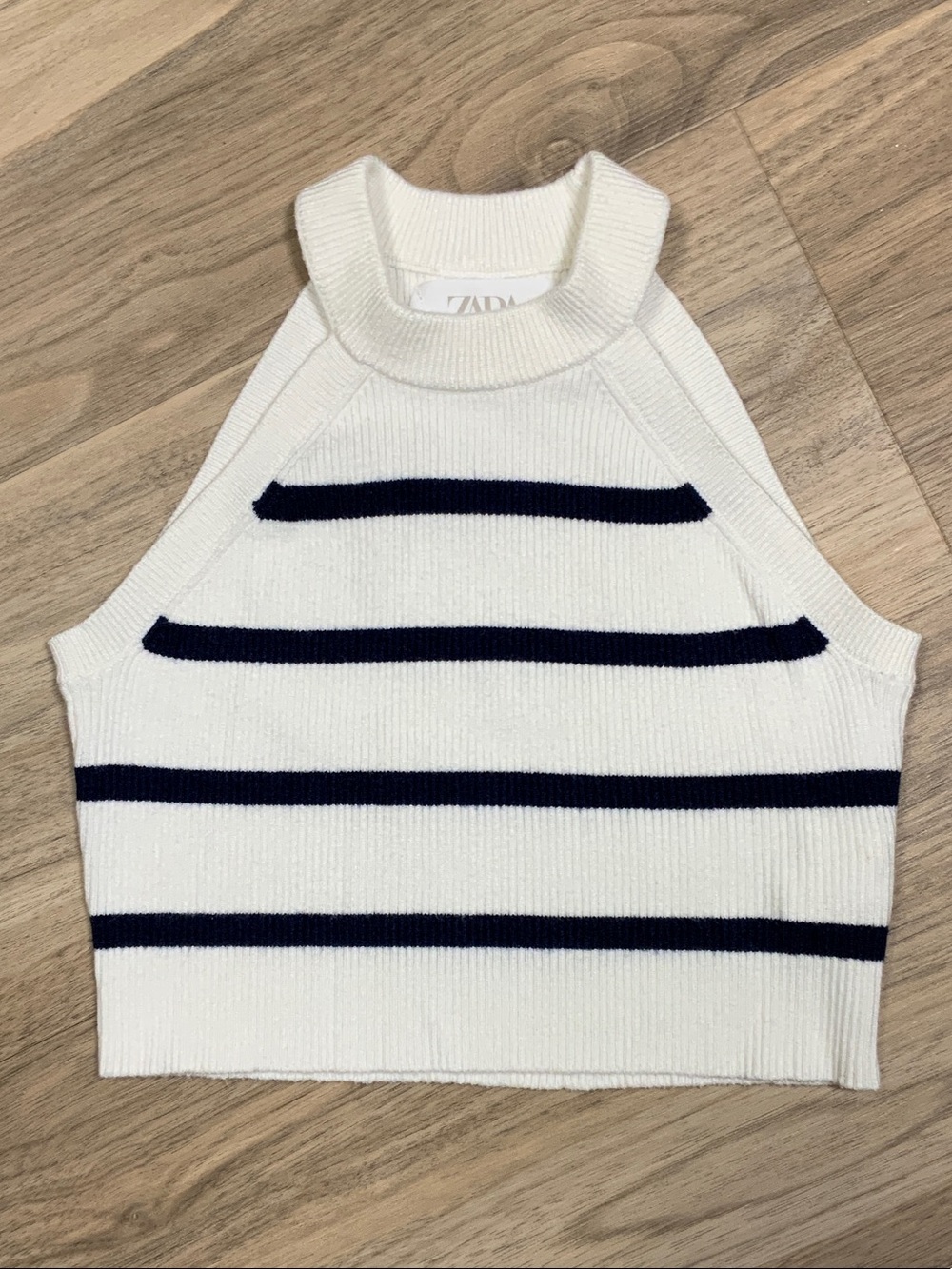 Zara White Halter Knit Tank with Navy Stripes